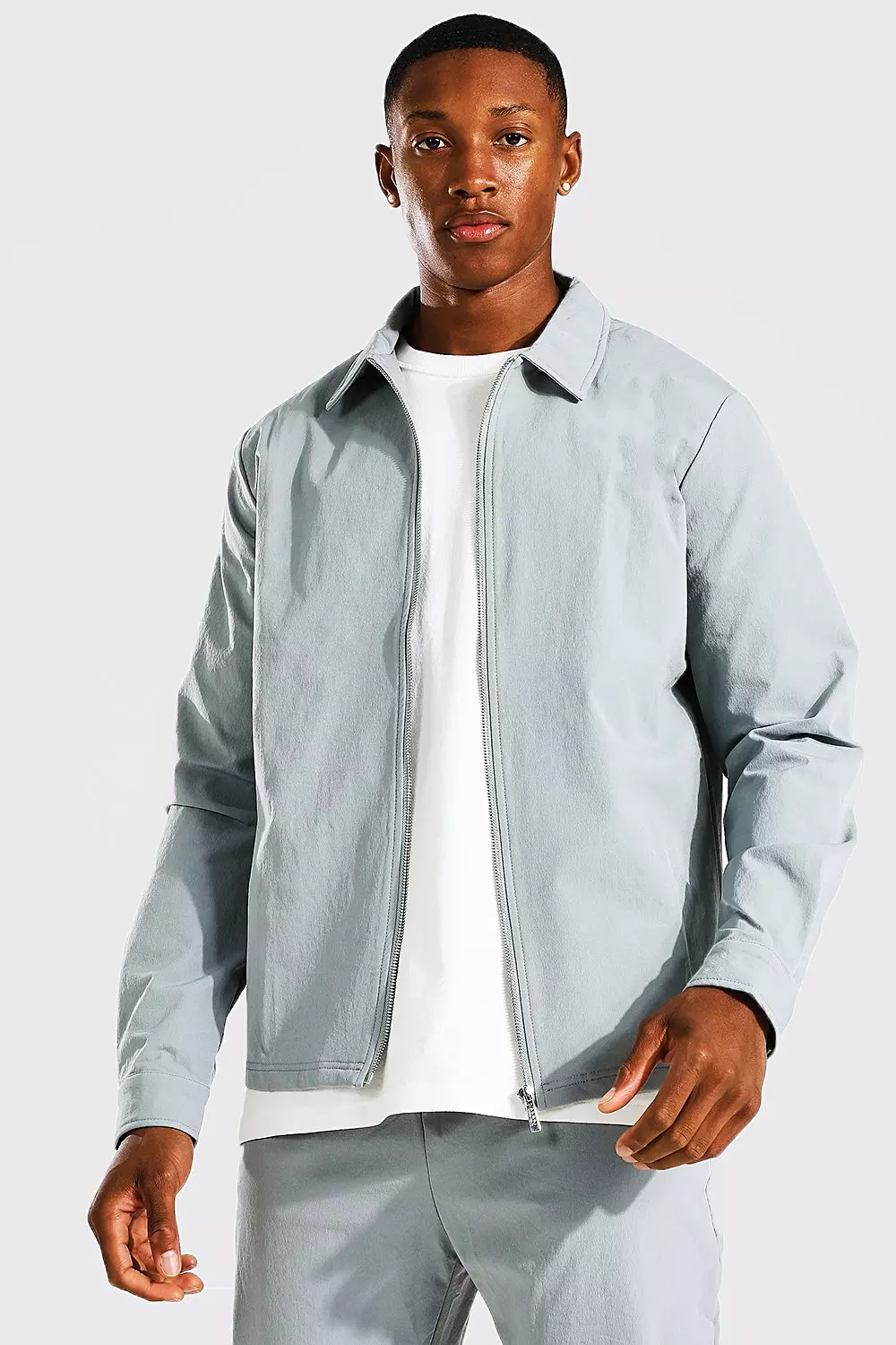 Light Grey Harrington Jacket And Tapered Trousers boohooMAN IE